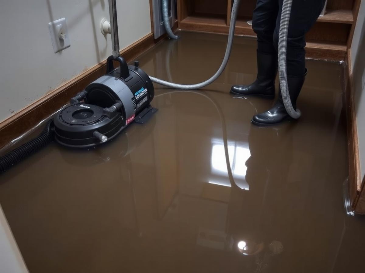 Flooded basement with a pump and extraction hose removing standing water