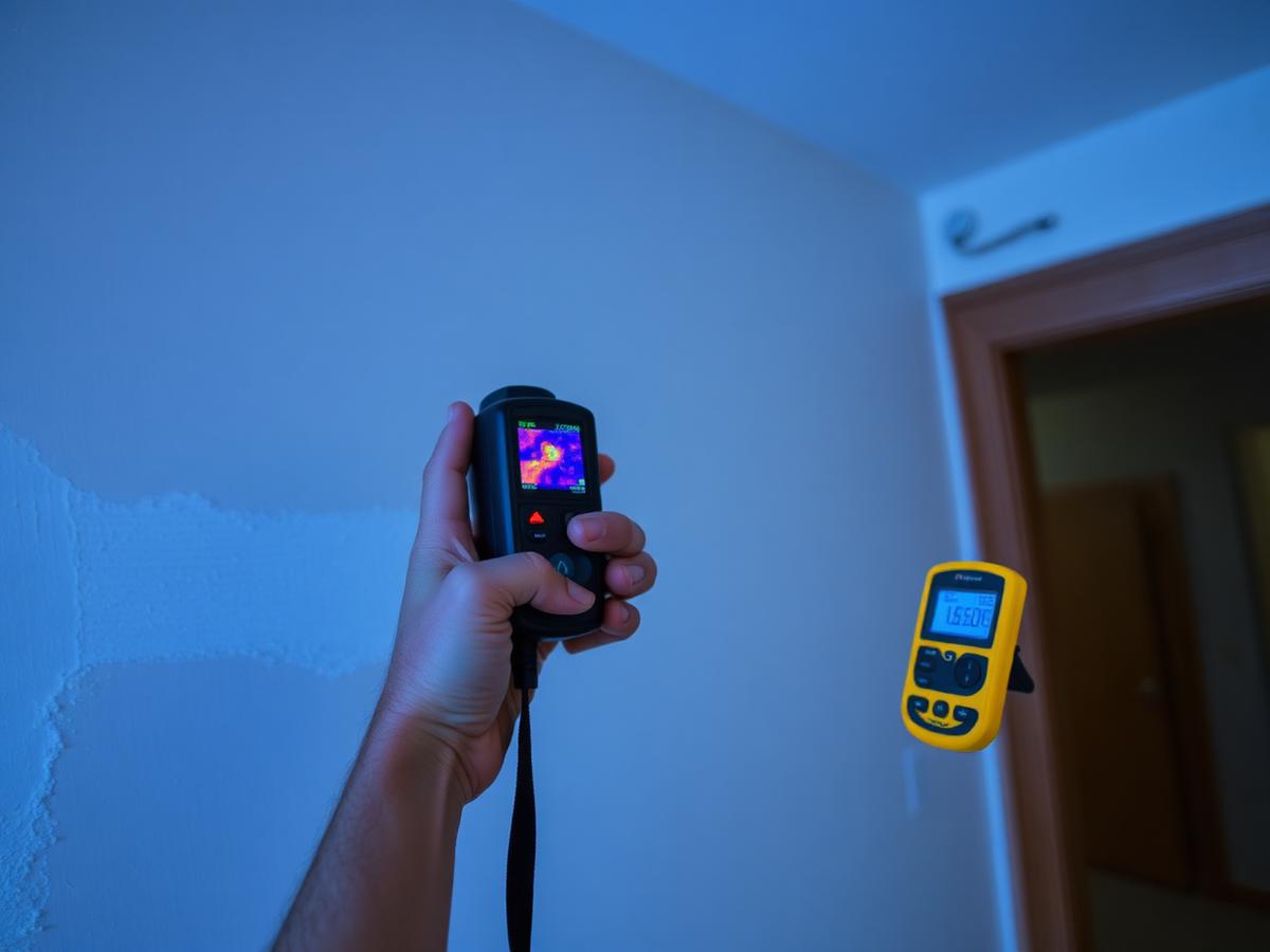 Restoration technician using a thermal imaging camera and moisture meter on a wall