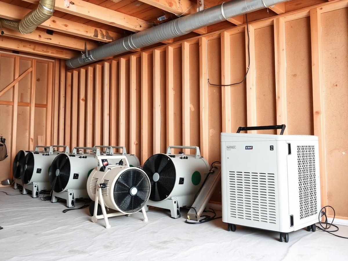 Air movers and a commercial dehumidifier drying a stripped room